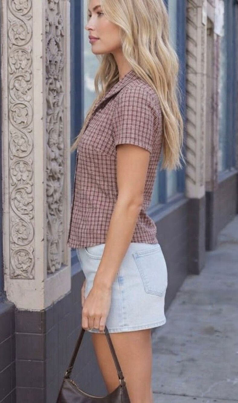 Brown Plaid Short Sleeve Button-Up Shirt NWT Classic Neutral Everyday Style - Picture 3 of 7